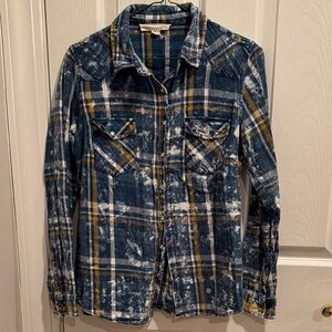 Woman’s Blue Bleached Plaid Flannel Shirt sz s LOVESTITCH brand